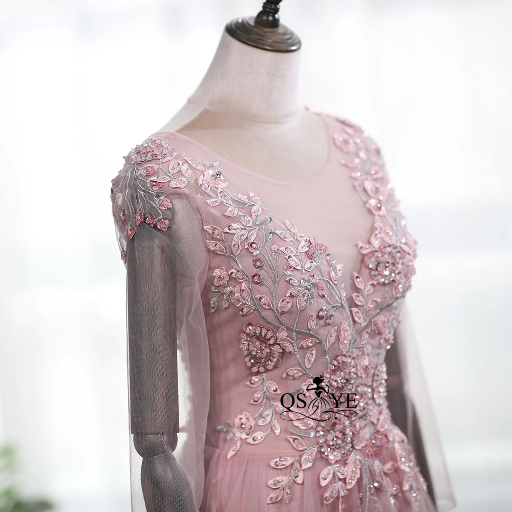 Qsyye коллекция розовые дешевые вечернее платье для выпускного вечера одежда с длинным рукавом сложный отделочный хрусталь платье из тюли со шнуровкой сзади элегантные платья для вечеринки
