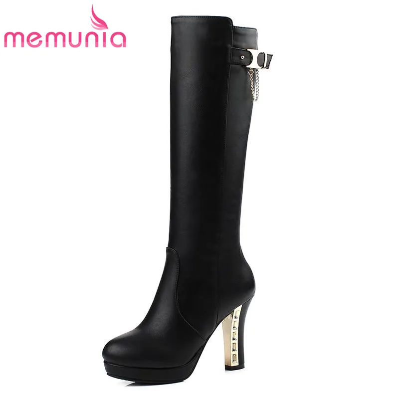 

MEMUNIA elegant office lady buckle round toe chains knee high boots in winter black perfect side zipper party women boots