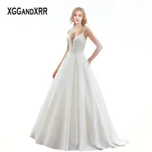 Элегантное Атласное Свадебное Платье С v-образным вырезом А-силуэта романтическое длинное свадебное платье с открытой спиной и пуговицами