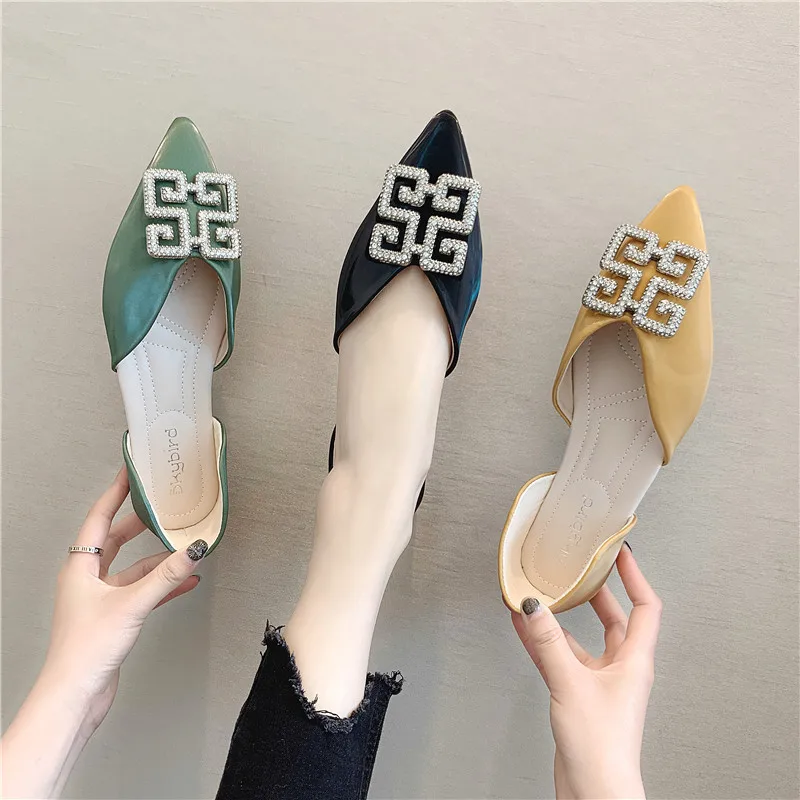 

Women Flats Shoes 2019 high quality women Mules Leisure Anti-slip mouth pointed Rhinestone metal decoration Sleeve single shoes