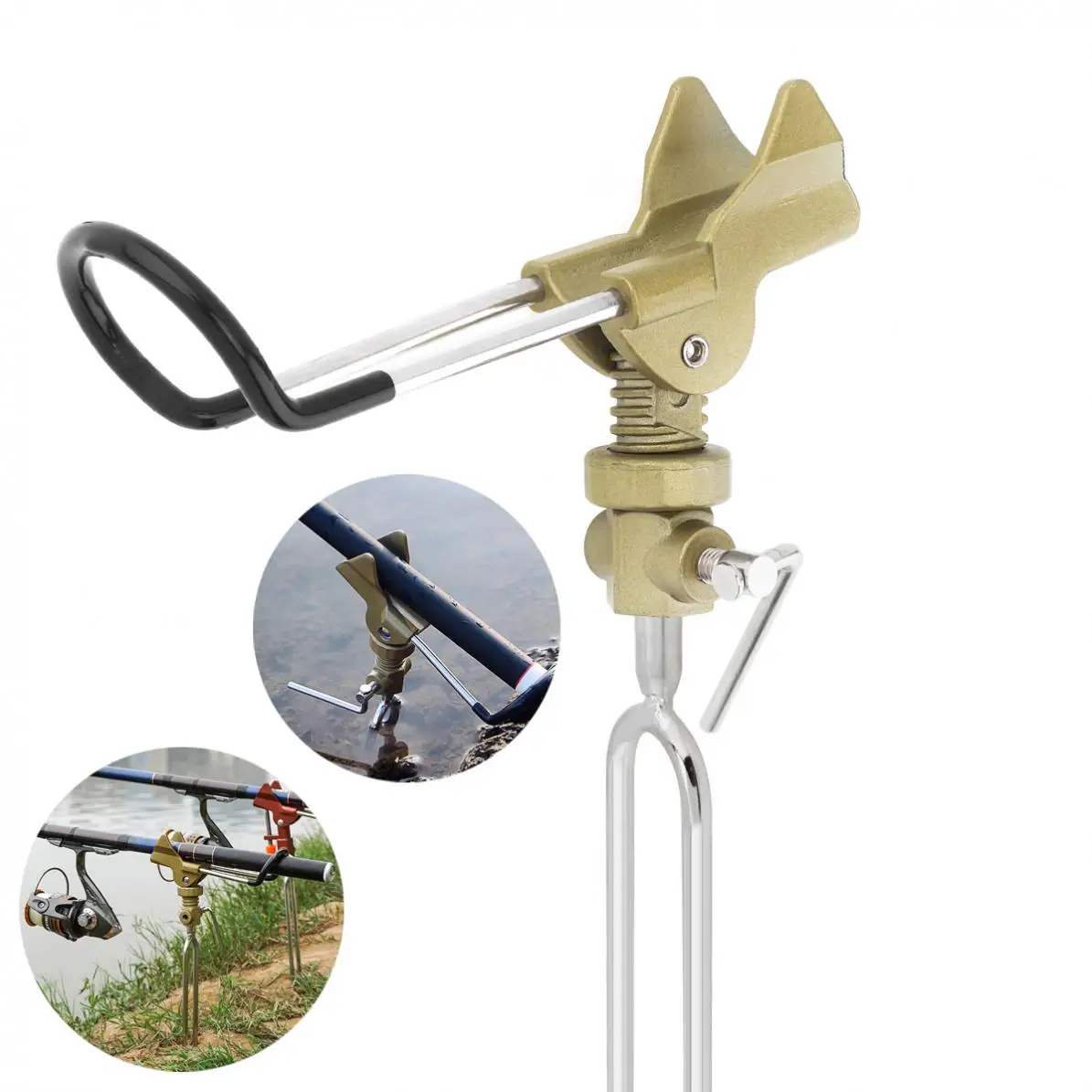 

Adjustable Stainless Steel Fishing Rod Stand Gold Metal Handle Support Holder for Telescopic / Handle Fishing Rod