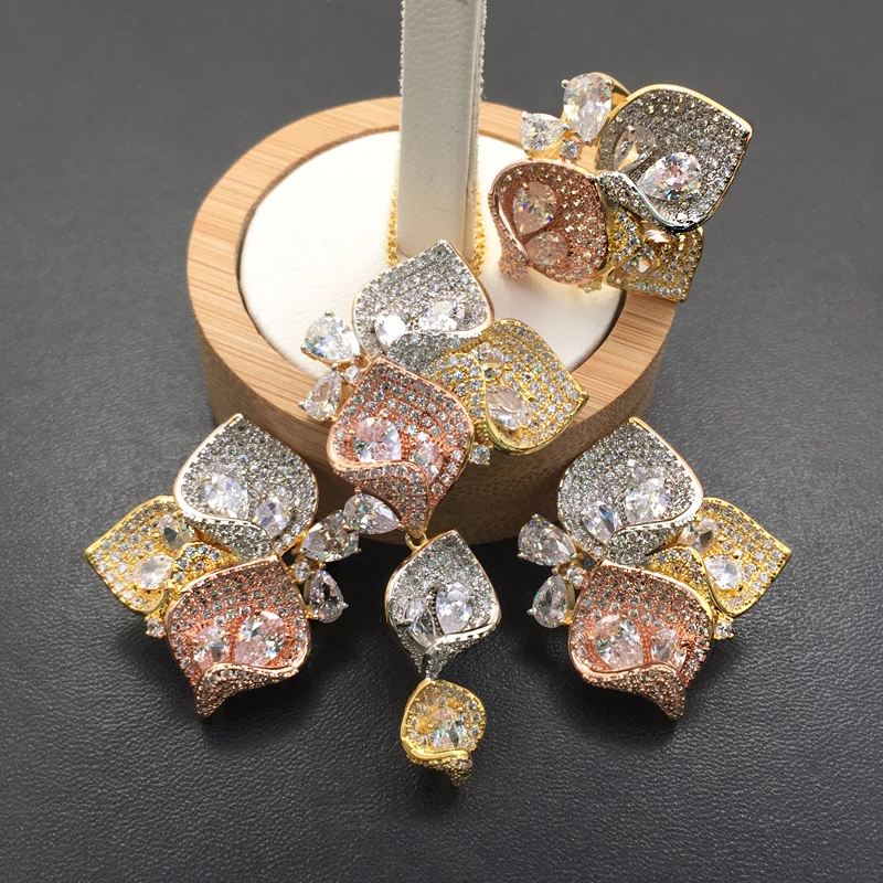 

Lanyika Jewelry Set Gorgeous Elegant Leaf Full Big Zircon Plated Necklace with Earrings and Ring Party Bridal Best Gift