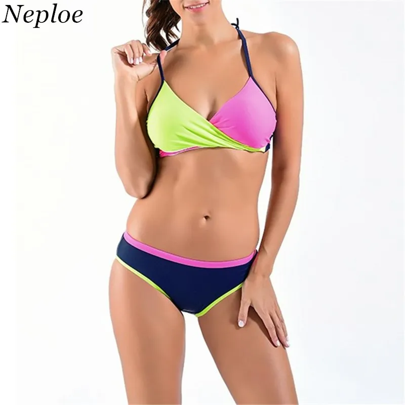 brief criss cross patchwork bikini set for women