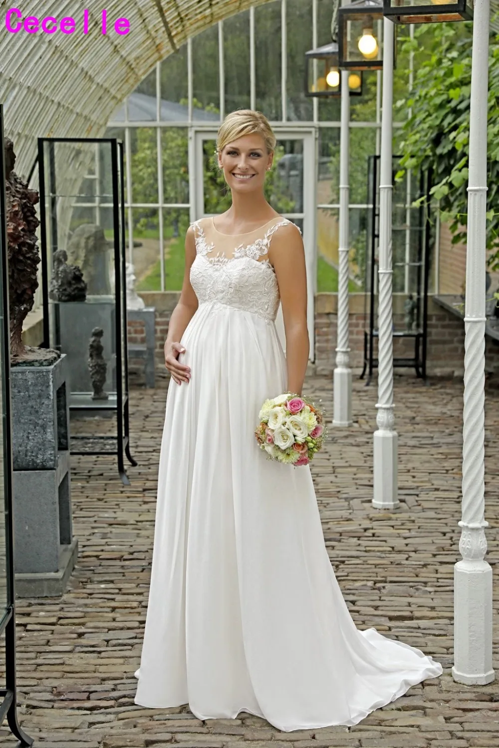 New Lace Chiffon Empire A line Floor Length Maternity