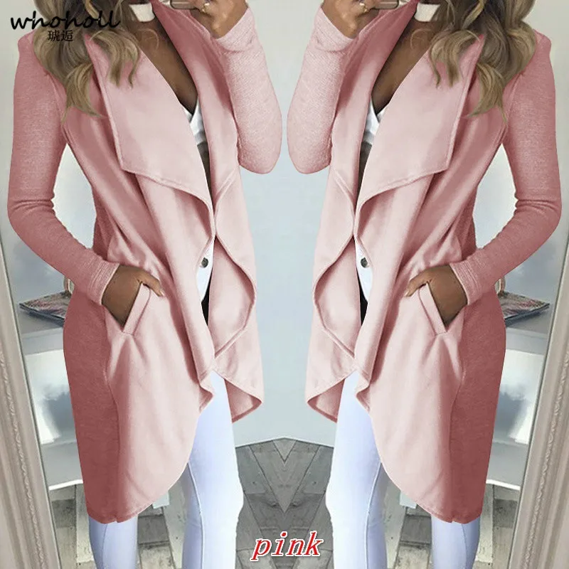 

WHOHOLL style new andcute style open stitch slim solid woman trench spring and autumn turn down collar female long trench