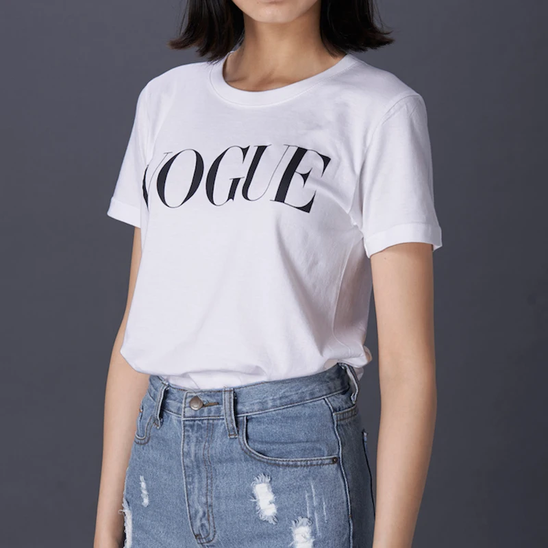 Летняя Новинка, модная женская футболка, VOGUE, с буквенным принтом, Harajuku, футболка с круглым вырезом и коротким рукавом, белые топы, женская одежда
