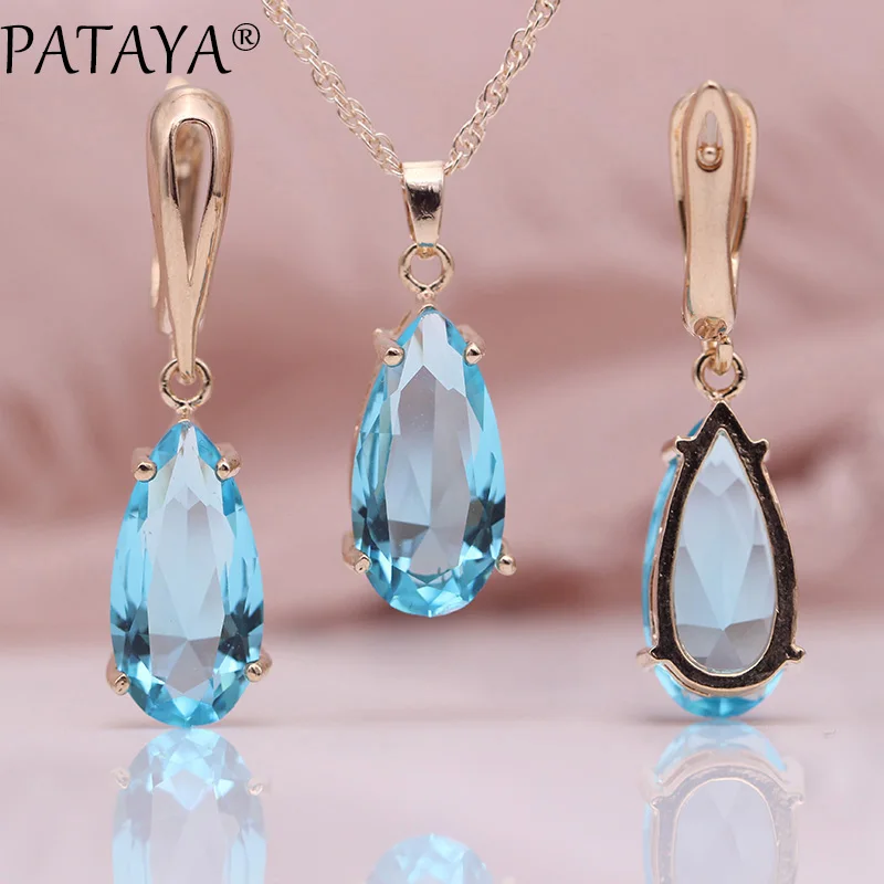 PATAYA New Blue Water Drop Earrings Pendants Necklaces Sets 585 Rose Gold Natural Zircon For Women Fashion Wedding Jewelry Set - Окраска металла: Light Blue