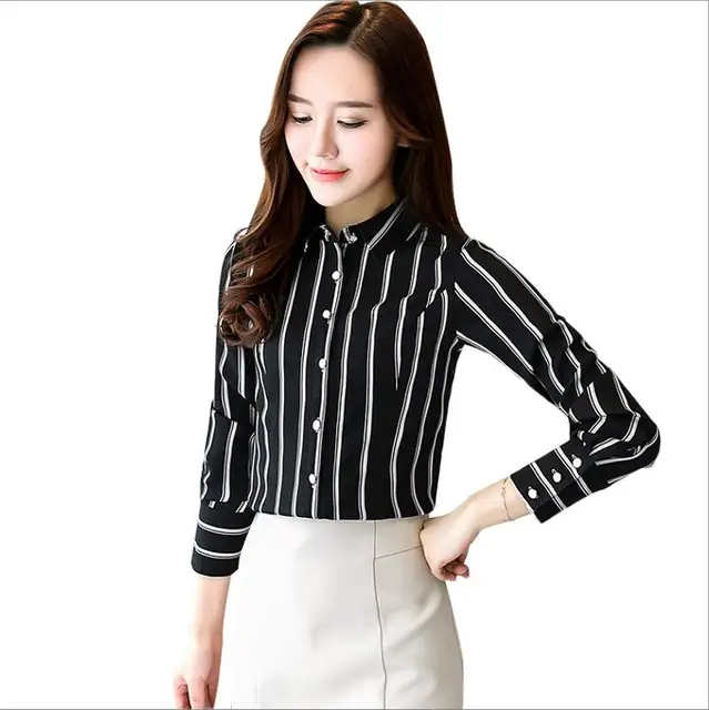 Black White Striped Women Blouses Fashion Striped Print Shirt OL Top ...