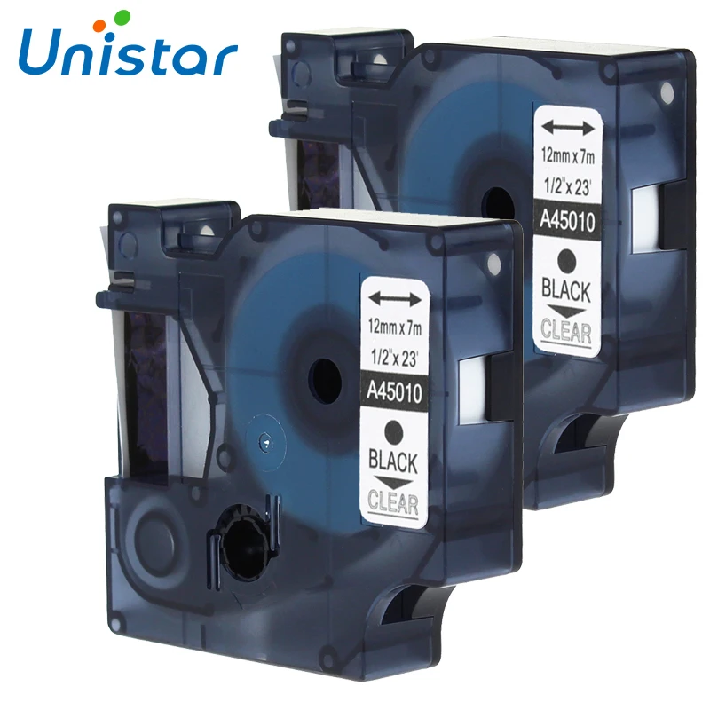 UNISTAR 2 шт. ленты с лейблом 12 мм черные на прозрачном фрикционе D1 Labelmaker 45010