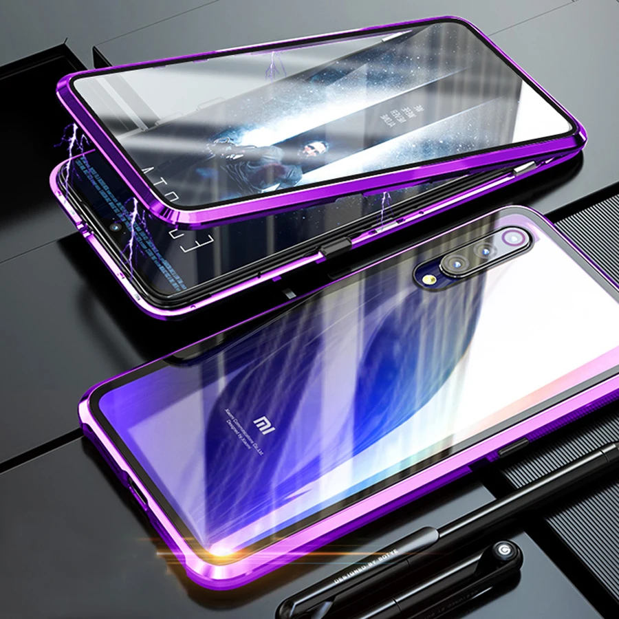 Магнитный адсорбционный металлический чехол для Xiaomi mi 9 mi 9 прозрачный M9 Роскошный 360 Полное покрытие переднее заднее стекло двойной протектор экрана - Цвет: Purple 360 Mi9