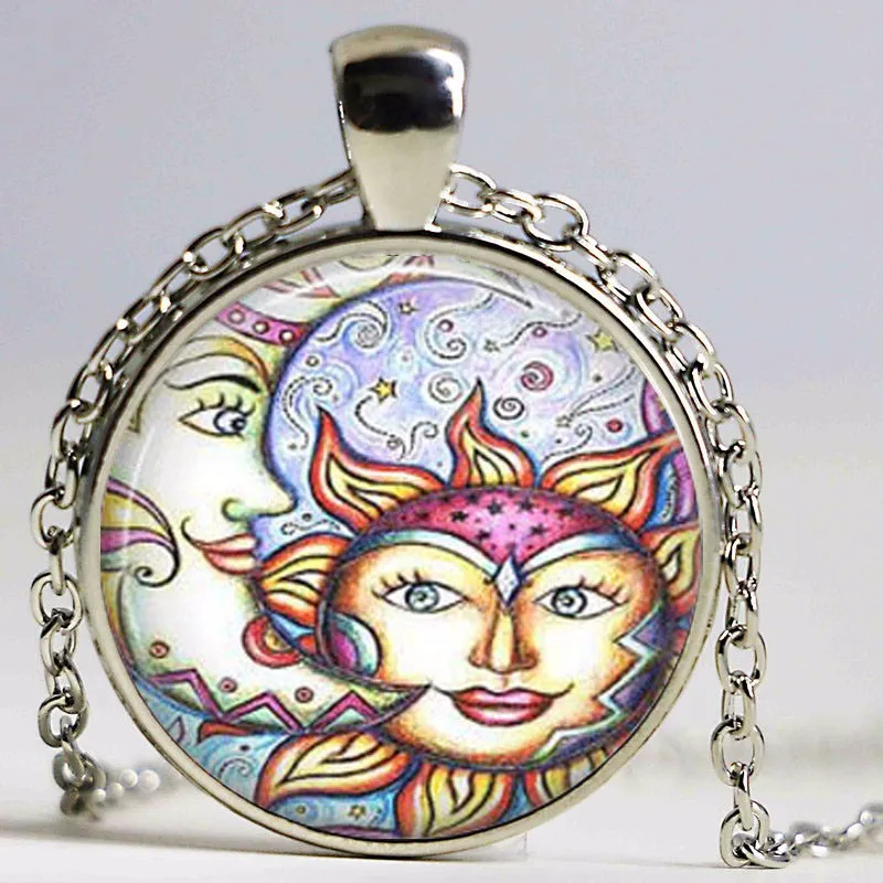 Free shipping Glass Dome Pendant Sun and Moon Necklace Glass Tile Jewelry Celestial Jewelry Necklace
