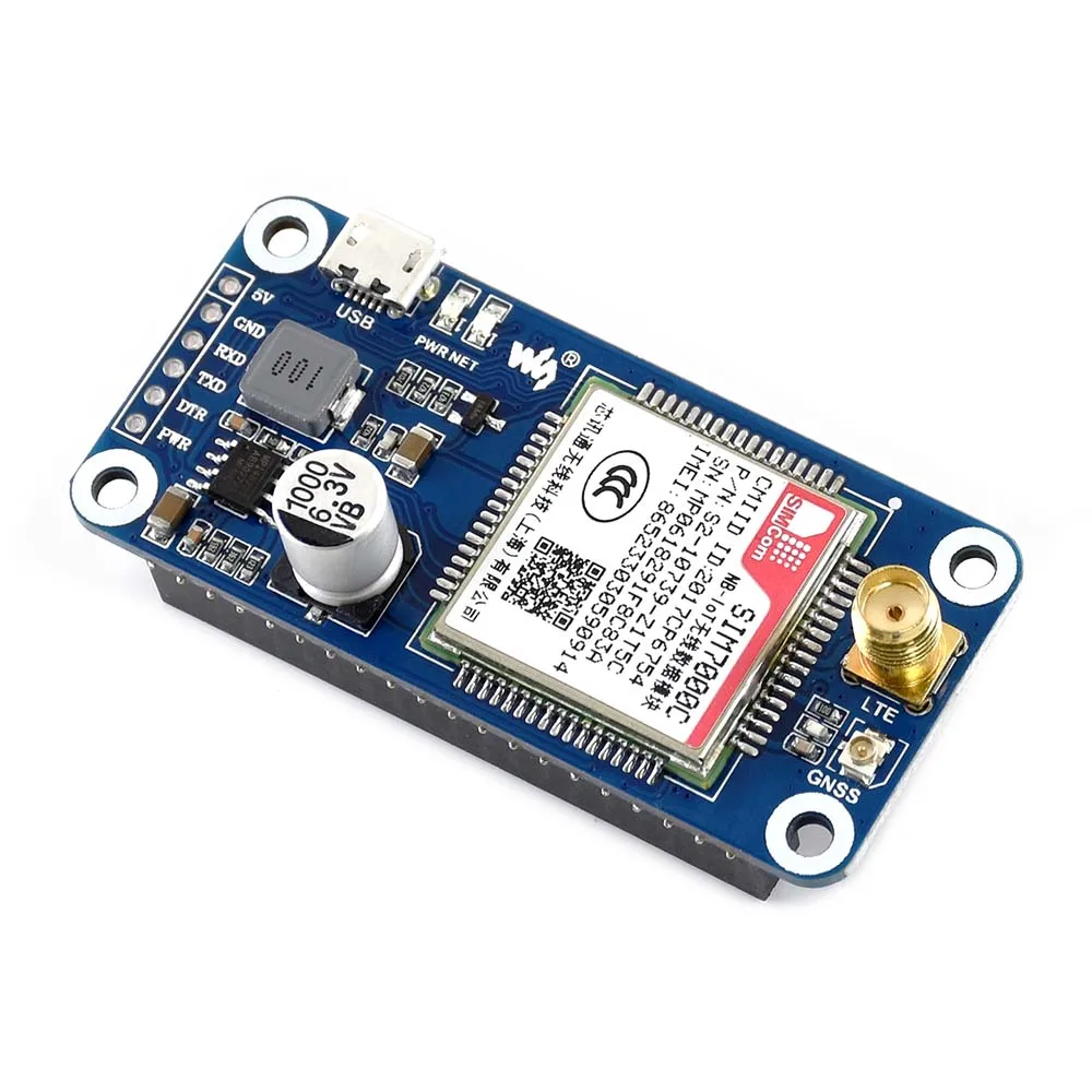 Waveshare NB-IoT/eMTC/EDGE/GPRS/GNSS HAT для RPI Zero/Zero W/Zero WH/2B/3B/3B+, на основе SIM7000C, поддерживает TCP, HTTP, FTP, SMS, а также получать оповещения по электронной почте