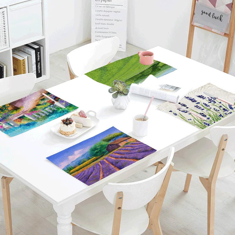 

Country Style Color Oil Painting Printed Table Napkins For Wedding Mats Dining Flowers Table Set Home Decor Lavender Accessories