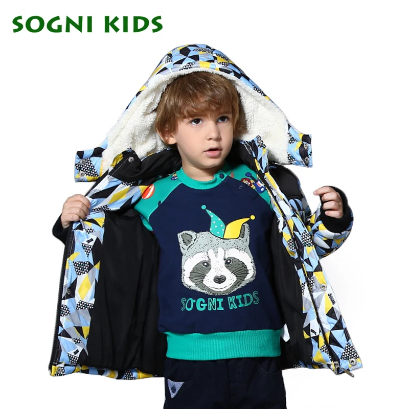 

SOGNI KIDS Faux Fur Hooded Down Coats Toddler Zipper Jackets Splice Colors Boy Clothes New Winter and Autumn Fashion Coats