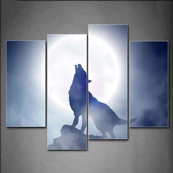 

Tableau Wall Modular Posters Artwork Pictures Canvas 4 Panel Animal Wolf Moon Landscape Modern HD Printed Paintings Home Decor