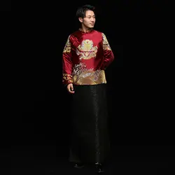 Дракон вышивка китайский Стиль одежда Tang Винтаж Для мужчин пальто + халат брак Костюм Восточный Жених Свадебный костюм S-XXL