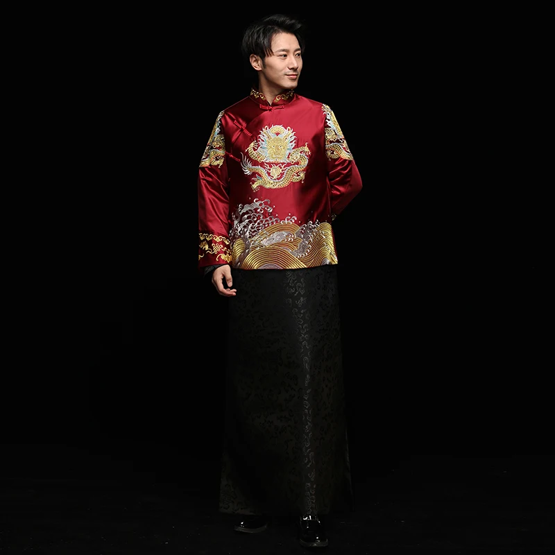 

Dragon Embroidery Chinese Style Tang Clothes Vintage Men Coat+Robe Marriage Suit Oriental Bridegroom Wedding Costume S-XXL