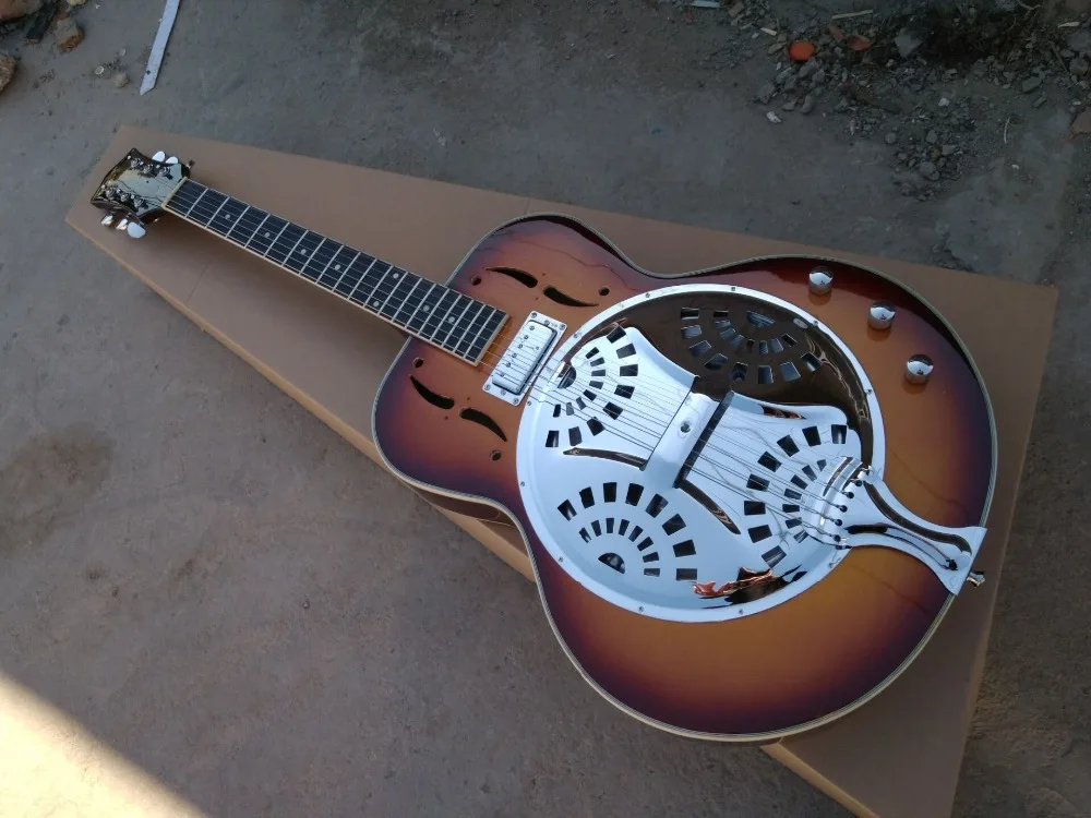 

free shipping new Vintage Sunburst Dobro Resonator Steel Electric Guitar with Flame maple top, Dobro Guitarra