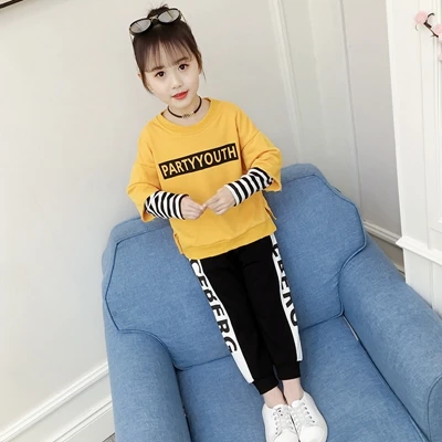 Yellow Детские костюмы Весенняя Спортивная одежда для девочек, комплекты одежды Лоскутная Толстовка с надписью хлопковые топы в полоску+ штаны для подростков - Цвет: Yellow