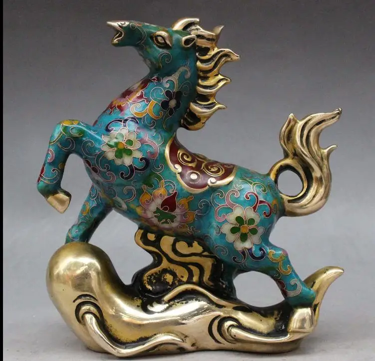 

671115579+++8'' Chinese Cloisonne Bronze Gilt Fengshui Zodiac Horse On Ginseng Adorn Statue