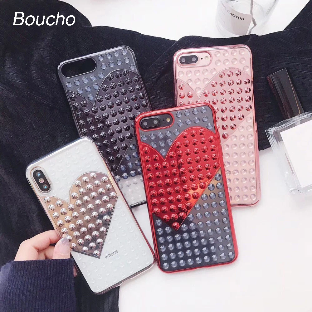 Чехол Boucho с гальваническими заклепками и сердечками для iPhone X мягкий симпатичный