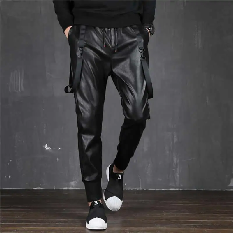 joggers sweatpants New Fashion Men Punk Moto PU Faux Leather Joggers Casual Harem Pants Drop Crotch Street Dance DJ Rock Night Club Trouser M-2XL genie pants