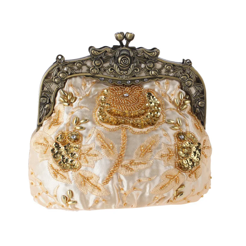 

Vintage Beading Floral Evening Party Clutch For Women Bronze Tone Metal Frame Flower Crystal Handbag Casual Lady Flap Messenger