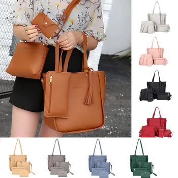 

2019 New Fashion 4 Pieces Bag Set Solid PU Leather Female Shoulder Bag Women's Handbag with Wallet Messenger Bag