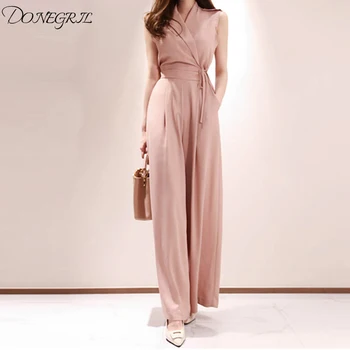 

Women's jumpsuit 2019 summer new Korean temperament V-neck sleeveless waist tie slim wide leg jumpsuit