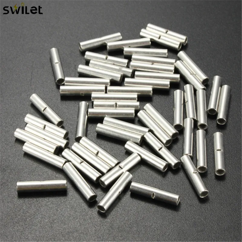 

50Pcs Non Insulated Rolled Butt Crimp Connectors Terminal Silver For 18-22 AWG Gauge Electrical Wire Cable Connector