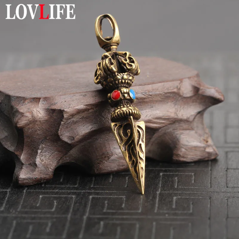 

Copper Vajry Pestle Beads Keychain Pendant Vintage Brass Buddha Key Chain Lucky Auspicious Retro Key Rings Collection Avoid Evil