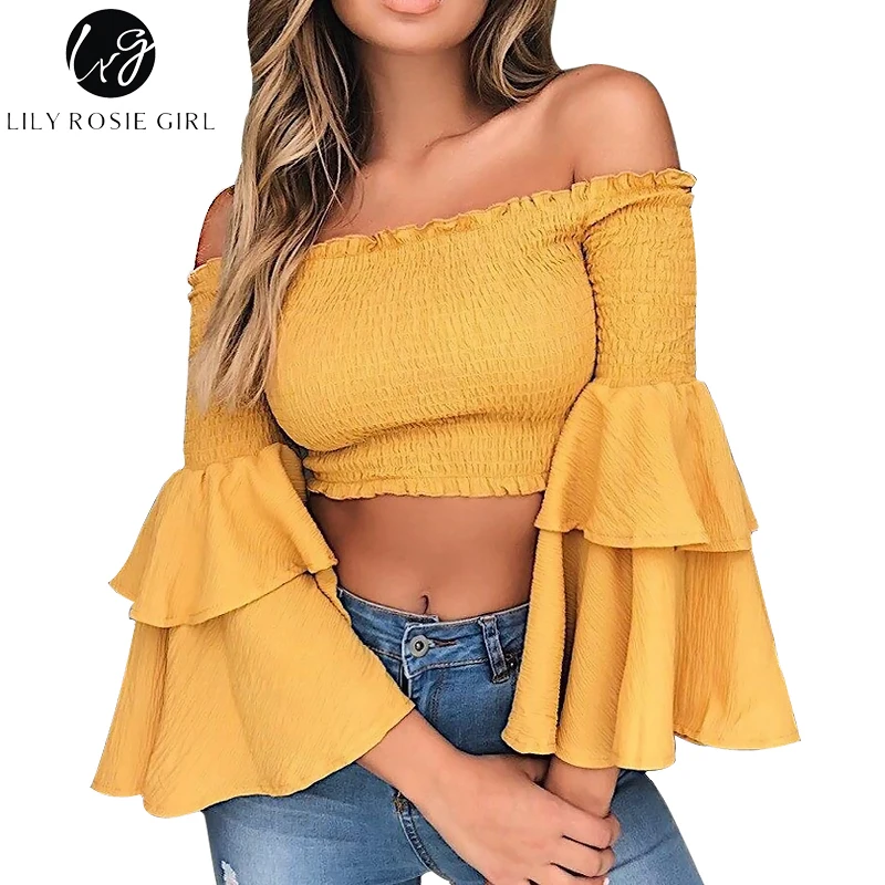Lily Rosie Girl Off Shoulder Yellow Blouse Shirt Women Sexy Ruffle Short Blusas Femme Butterfly Long Sleeve Summer Beach CropTop