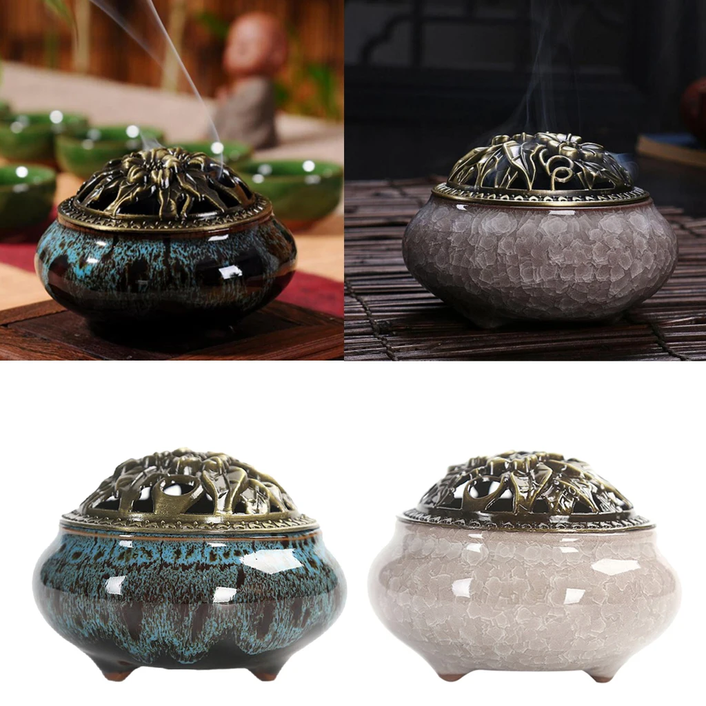 2x Vintage Chinese Ceramic Incense Burner Holder Buddhist Cones Coil Spiral Censer Ash Catcher Bowl with Alloy Cover