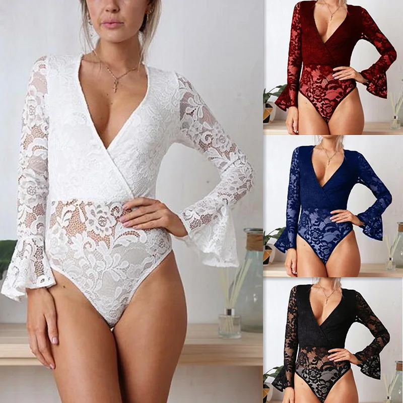 

2018 hot sale sexy lace solid female Jumpsuits long sleeve bodysuits v-neck comfortable elastic fashion woman Jumpsuits2