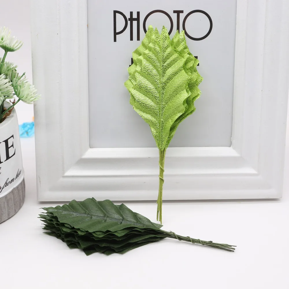 10 шт./лот, искусственный Шелковый лист для украшения свадебной вечеринки, сделай сам, цветочный венок, гирлянда, искусственный зеленый лист, W/Wire Stem
