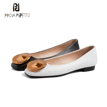 

Prova Perfetto black white real leather flat shoes women metal decoration shallow ladies work shoes slip on 2019 new fairy shoes