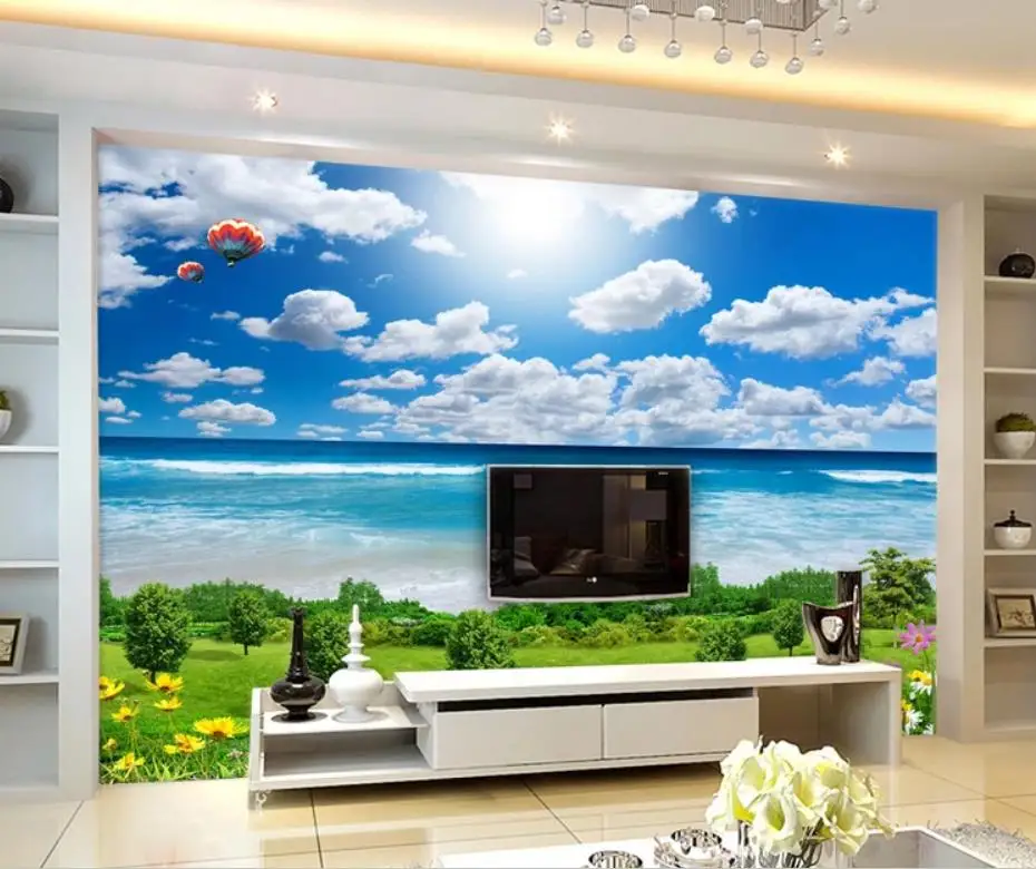 Romantic beautiful blue sky white clouds sea grass background wall modern living room wallpapers Romantic beautiful blue sky white clouds sea grass background wall modern living room wallpapers