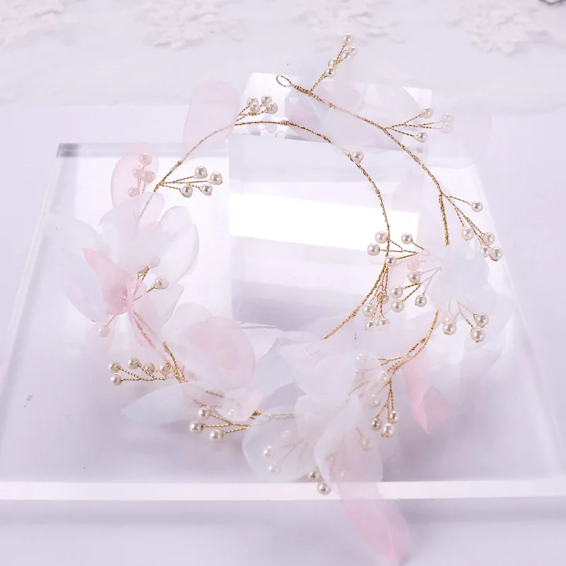 New Bohemian Mesh Flower Pearl Tiara Hair Band Fairy Headband Bridal Headdress Wedding Accessories White Headpieces Bride 2019