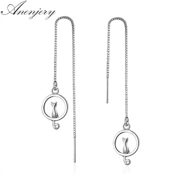 

Anenjery Silver Color Earrings Moon Cat Long Tassel Earrings For Women oorbellen brincos pendientes S-E391