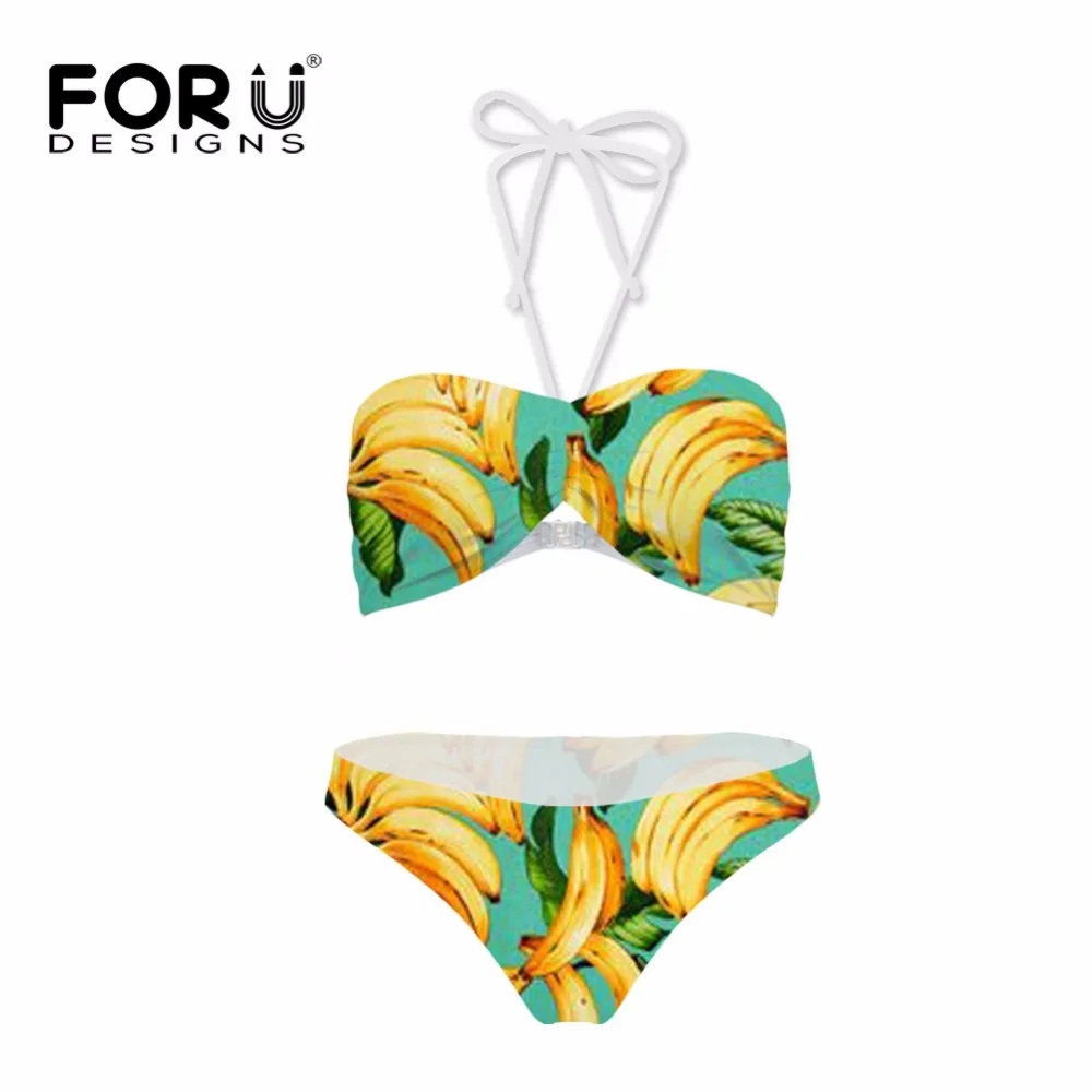 

FORUDESIGNS Cute Yellow Banana Bandage Women Bikinis Summer Beachwear Bow Palm Leaves Print Swimsuit for Girls Sexy Water Sport