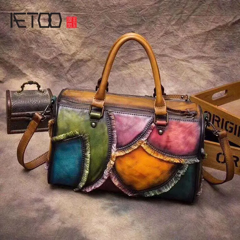 

AETOO 2018 new first layer leather lady retro simple manual rubbing color handbag patchwork bucket bag women