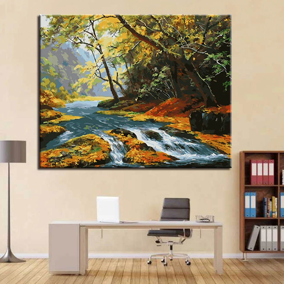 

DIY Painting Acrylic On Canvas Kits Drawing By Numbers Forest River Nature Scenery Framework Wedding Decor Wall Artwork Picture