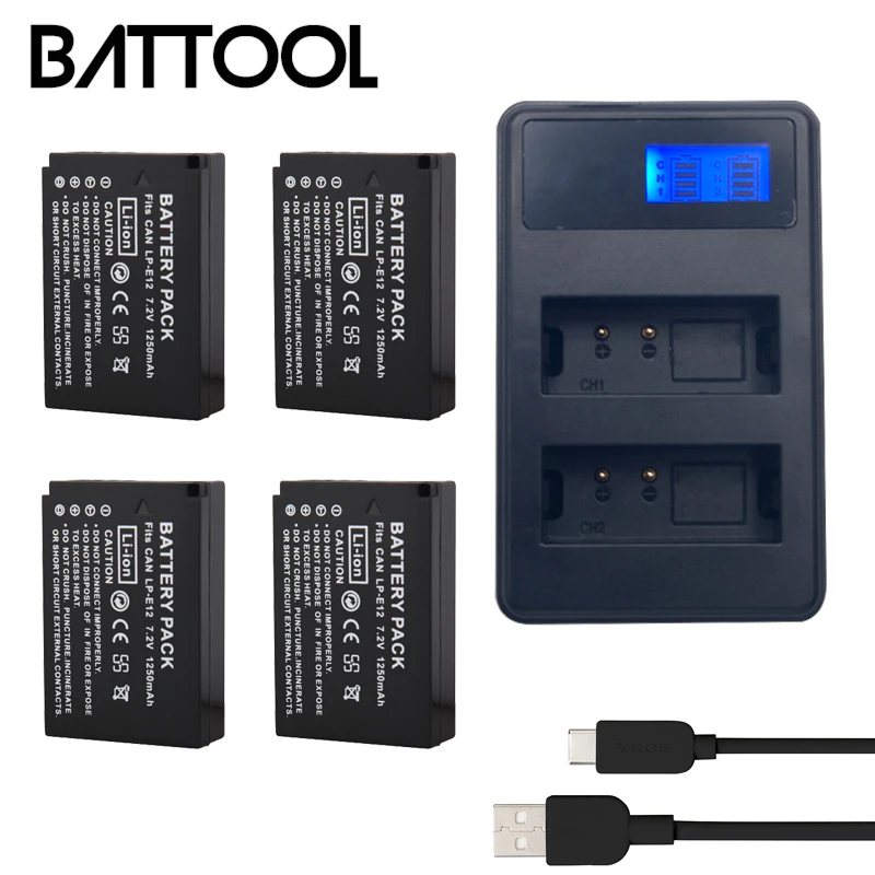 

4Packs LP-E12 LPE12 LP E12 7.4V 1250mAh Battery Batterie AKKU + LCD USB Charger for Canon EOS M10 M100 M2 100D Kiss X7 Rebel SL1