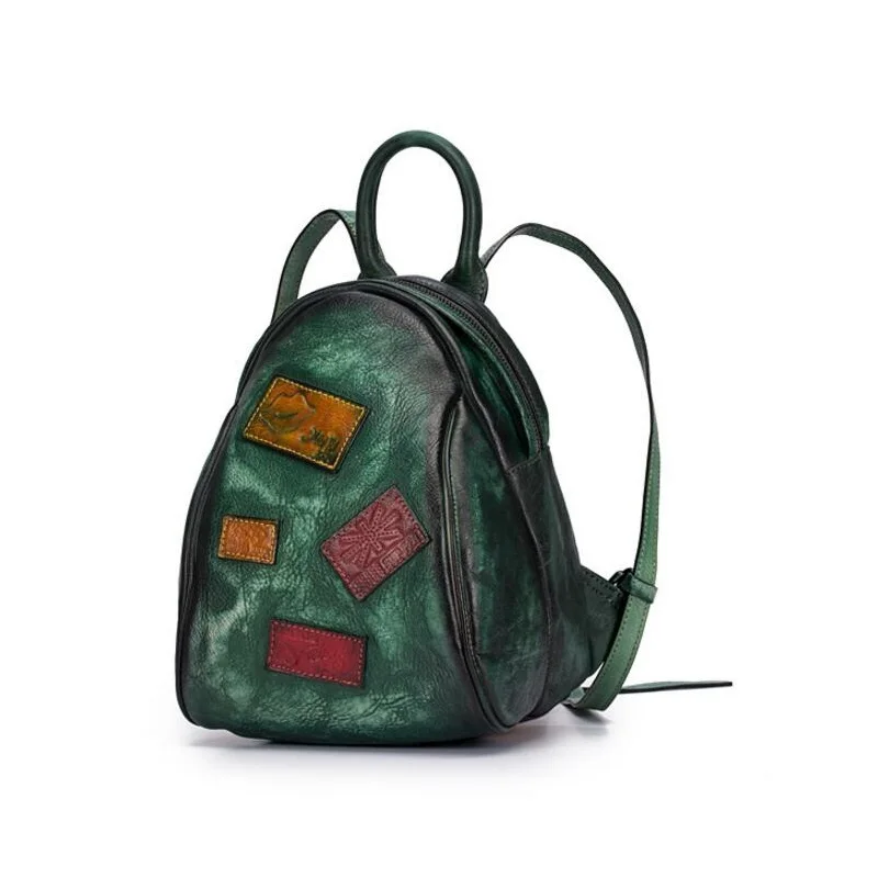 Unique Handmade Patchwork Designer Genuine Leather Vintage Girls Small Green Backpack Soft Cowhide Female Lady Travel Backpack Unique Handmade Patchwork Designer Genuine Leather Vintage Girls Small Green Backpack Soft Cowhide Female Lady Travel Backpack