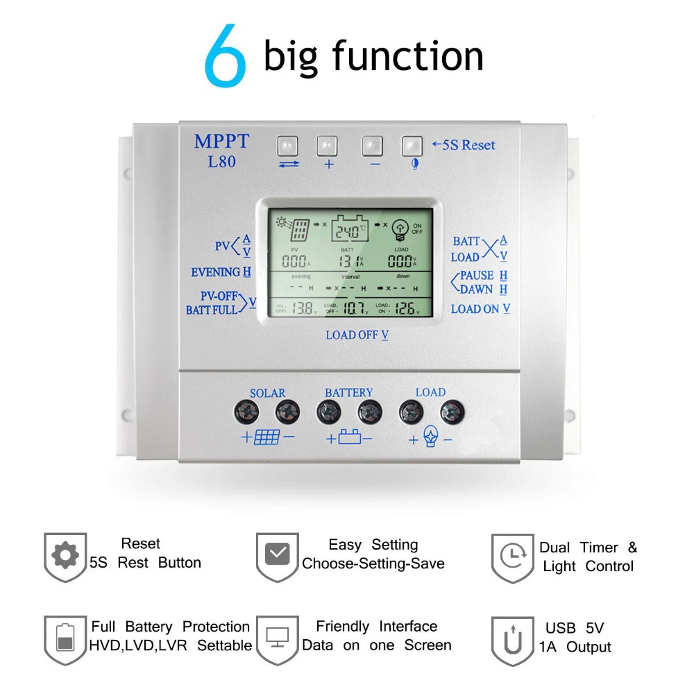 80A солнечное зарядное устройство управление Лер USB 1.5A 5 В выход 12 В 24 В ЖК солнечная панель регулятор с таймером нагрузки и светильник управления для светильник ing