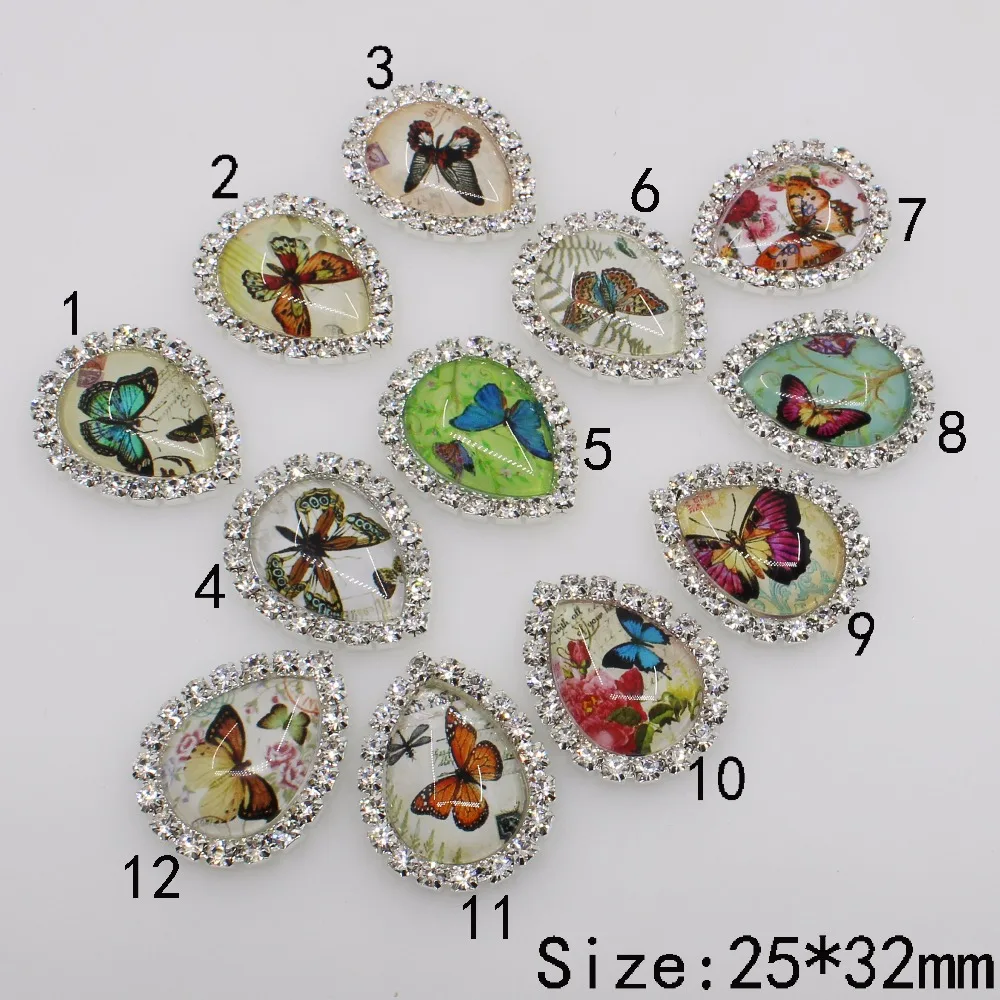 

Water Drop 5pc 25*32mm butterfly crystal glass rhinestone button silver Wedding crafts clothing decorate DIY brooch scrapbooking