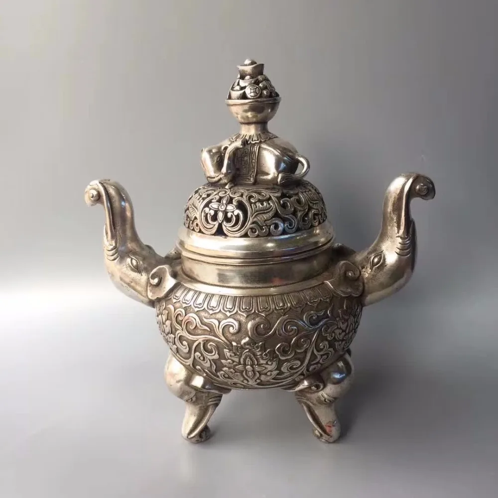 

Art Collection tibet silver handmade Elephant Censer ,Home/office desk decoration Big Chinese Incense burner Metal crafts