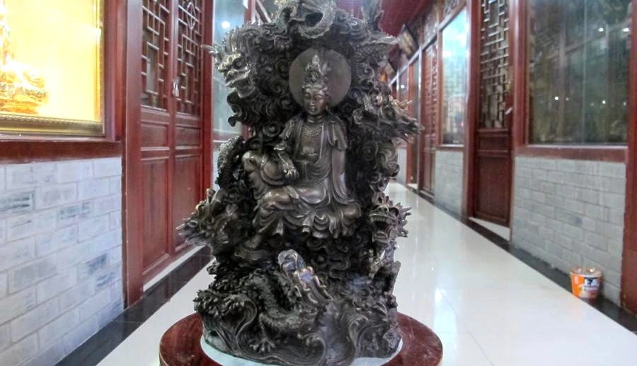 

China Tibet pure Bronze Copper five Dragon kwan-yin Sit mountain goddess Statue