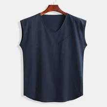 Летние мужские безрукавки, мешковатые хлопковые льняные однотонные безрукавки с карманами и круглым вырезом, свободные мужские майки, топы, блузки