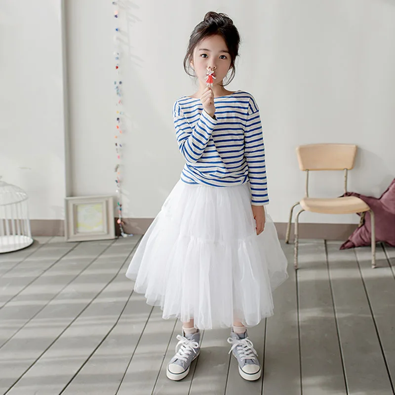 

new 2019 teenager clothes set casual striped t shirt mesh skirt kids girl clothes set for 3~12 age teenager girls cloth outfits